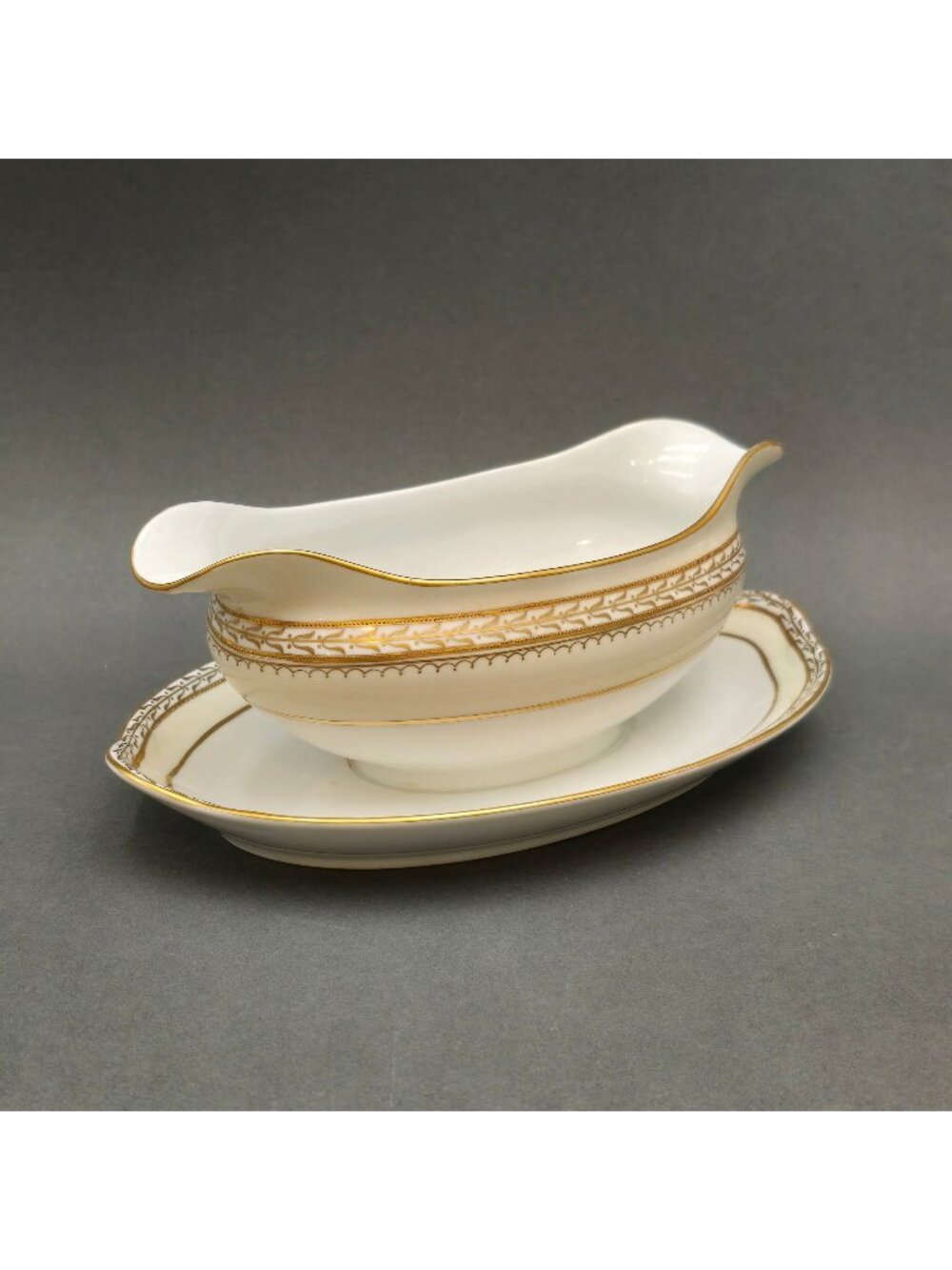 Antique Noritake Chanfaire Gravy Boat Attached Underplate Gold Gilt Porcelain